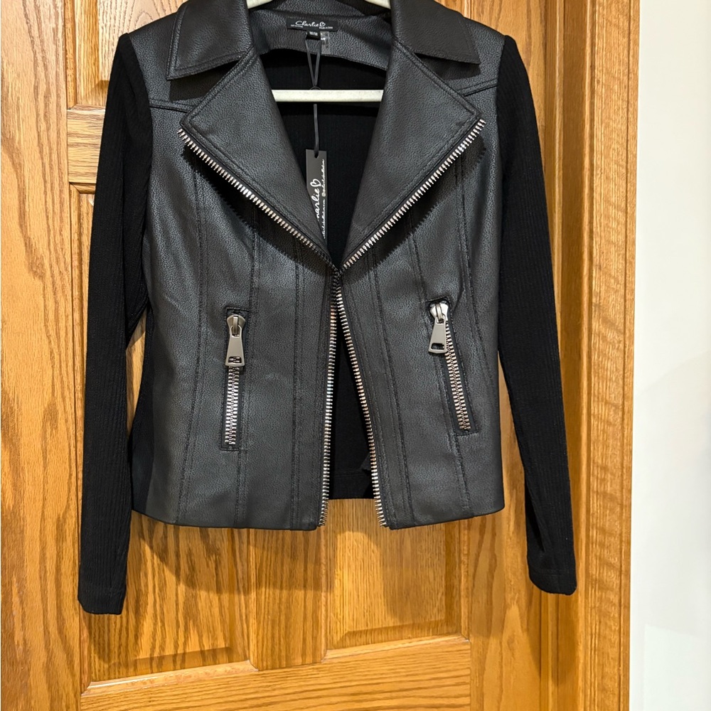 CHARLIE B Black Leather Jacket with Zipper Details